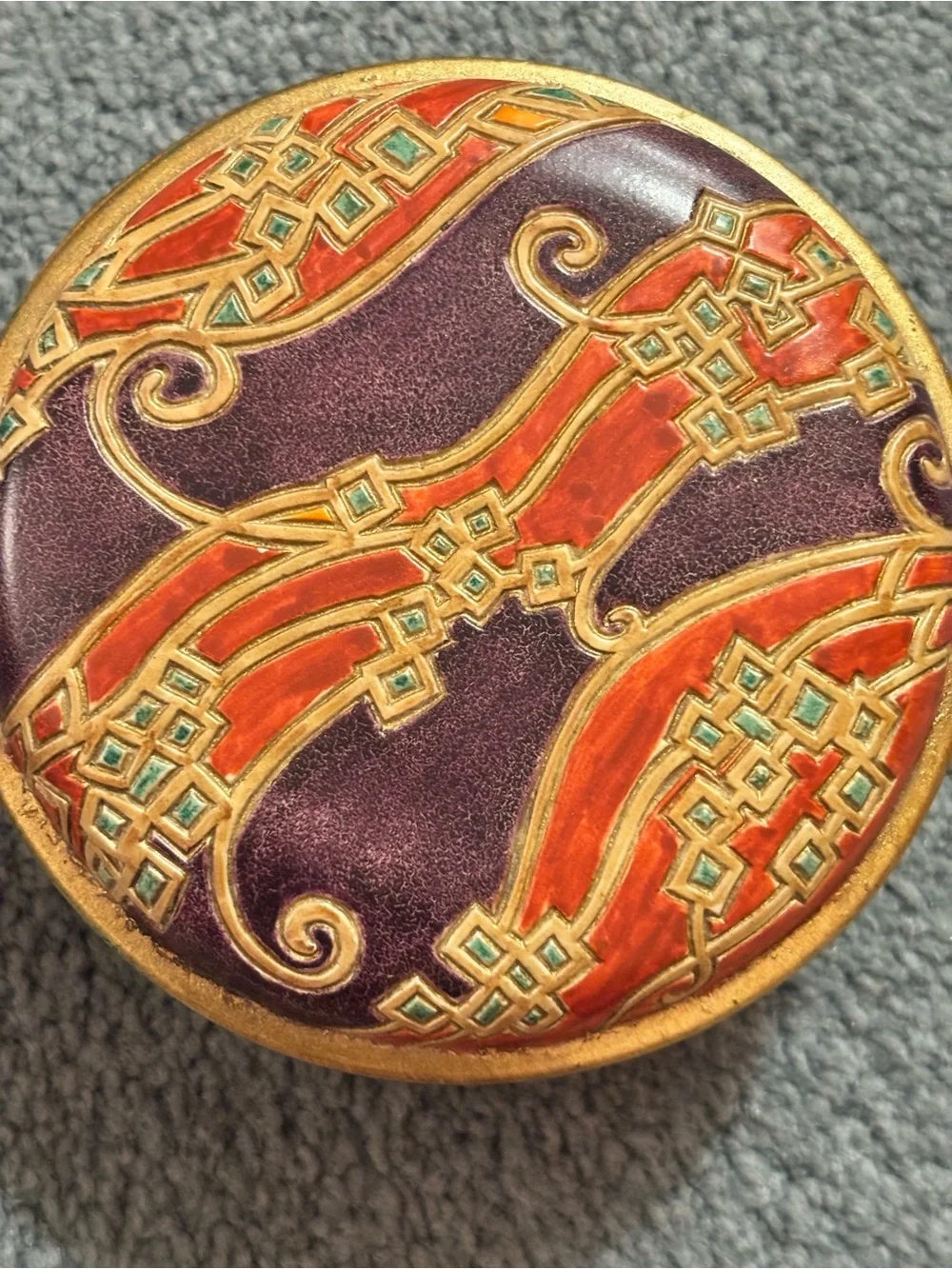Decorative Round Trinket Box — Purple & Red Enamel with Gold Accents